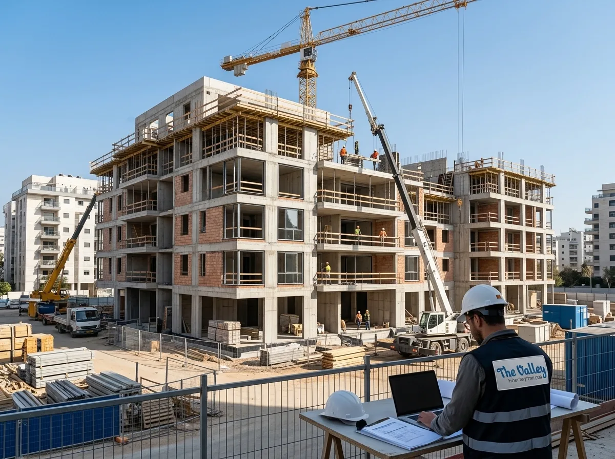 צילום פוטו-ריאליסטי של בניין מגורים מודרני בשלבי בנייה מתקדמים, מנופים ברקע מול שמיים כחולים, ממחיש את תנופת ההשקעות בנדל
