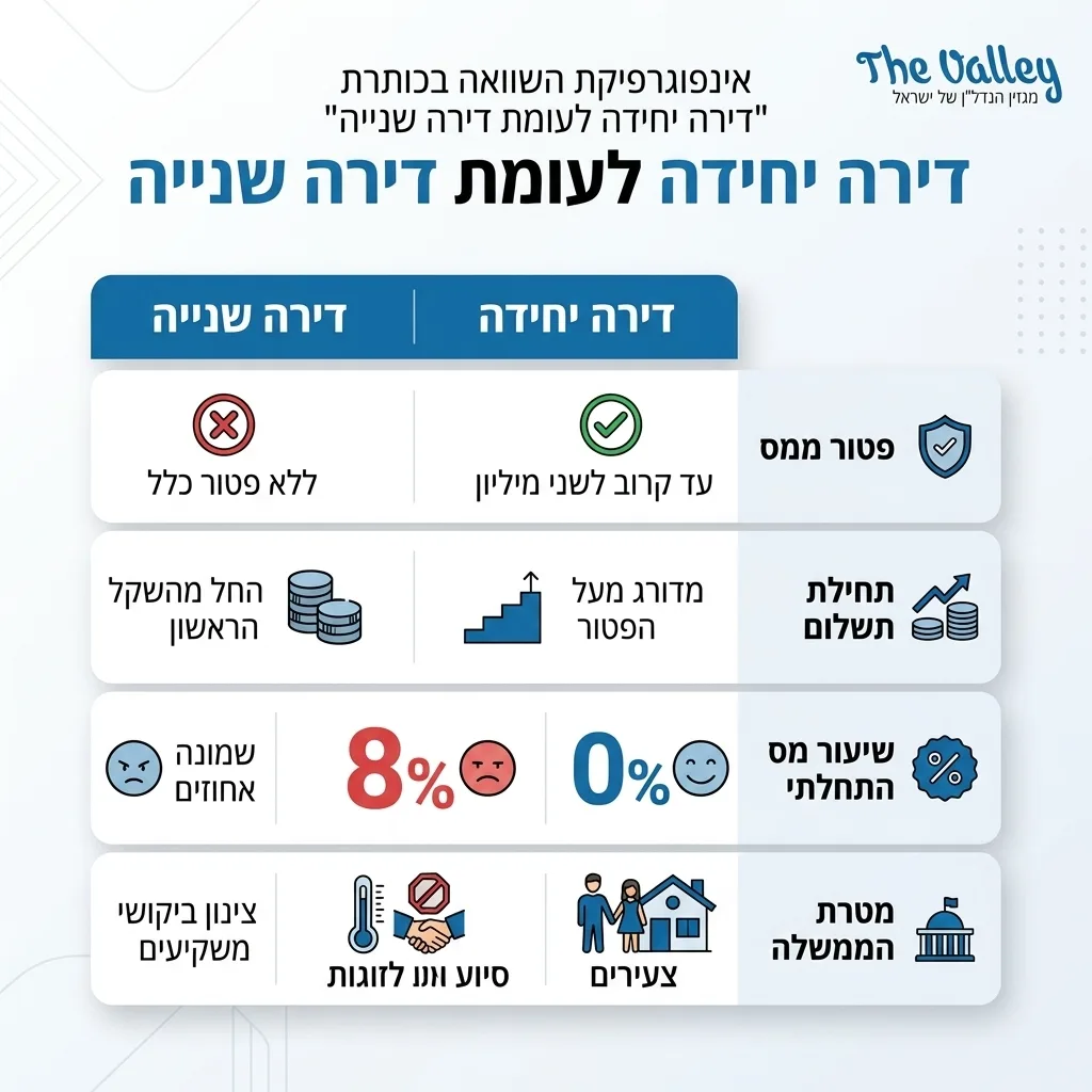 אינפוגרפיקה — דירה יחידה לעומת דירה שנייה: השוואה בין דירה יחידה, דירה שנייה