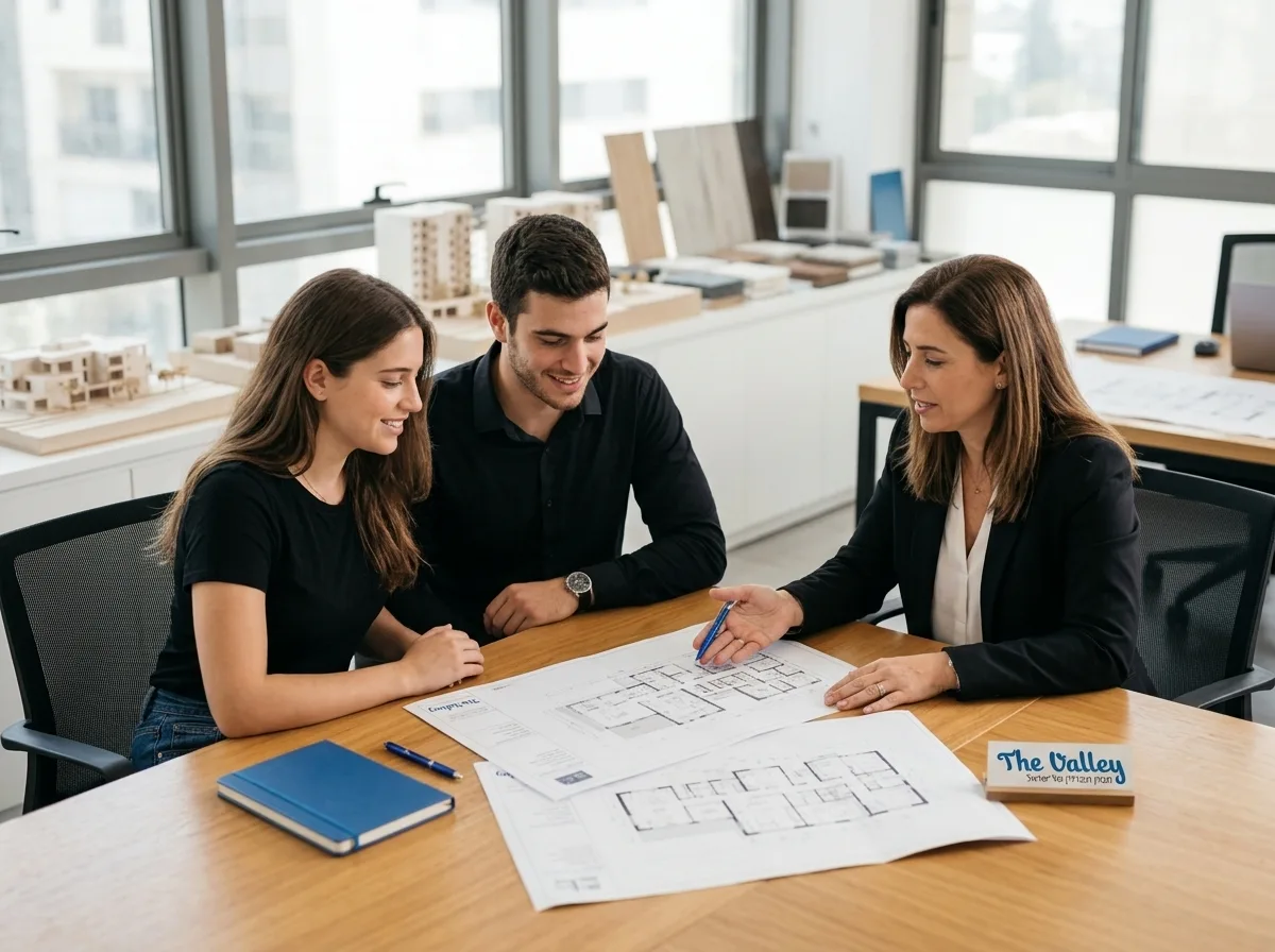 צילום טבעי של זוג צעיר יושב עם אדריכלית במשרד מודרני, מסתכלים על תוכניות בנייה מודפסות על שולחן עץ, אווירה נינוחה ומקצועית, תאורה רכה