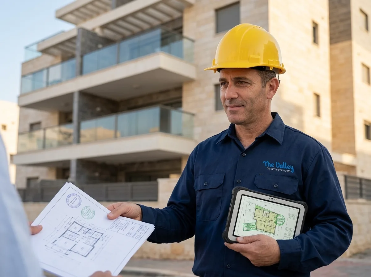 צילום מציאותי של קבלן בחולצת עבודה וקסדה צהובה, עומד עם טאבלט ביד ומציג מסמכים מאושרים מול בניין מגורים חדש ומואר, באור יום טבעי, עם פוקוס חד על הדמות