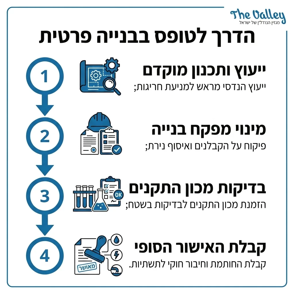 אינפוגרפיקה — הדרך לטופס בבנייה פרטית: ייעוץ ותכנון מוקדם, מינוי מפקח בנייה, בדיקות מכון התקנים, קבלת האישור הסופי