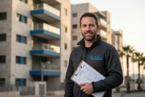 אדריכל או מפקח בנייה מחזיק טופס רשמי בחזית של בניין מגורים חדש.