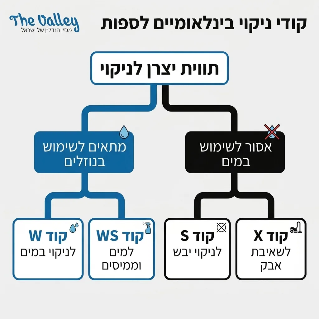 אינפוגרפיקה — קודי ניקוי בינלאומיים לספות: תווית יצרן לניקוי