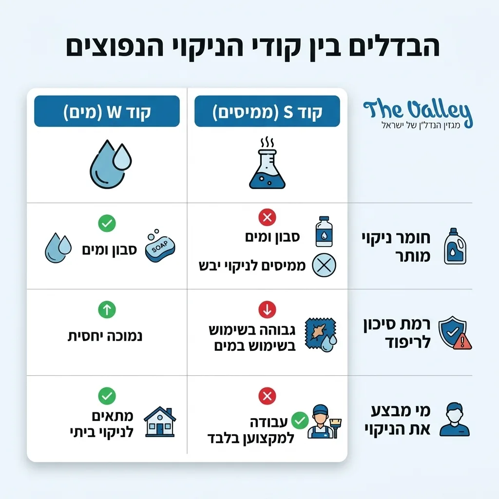 אינפוגרפיקה — הבדלים בין קודי הניקוי הנפוצים: השוואה בין קוד W מים, קוד S ממיסים