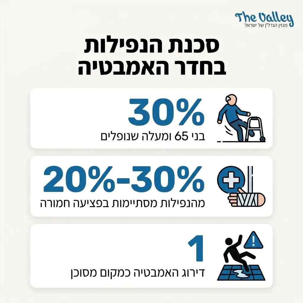 אינפוגרפיקה — סכנת הנפילות בחדר האמבטיה: בני 65 ומעלה שנופלים, מהנפילות מסתיימות בפציעה חמורה, דירוג האמבטיה כמקום מסוכן