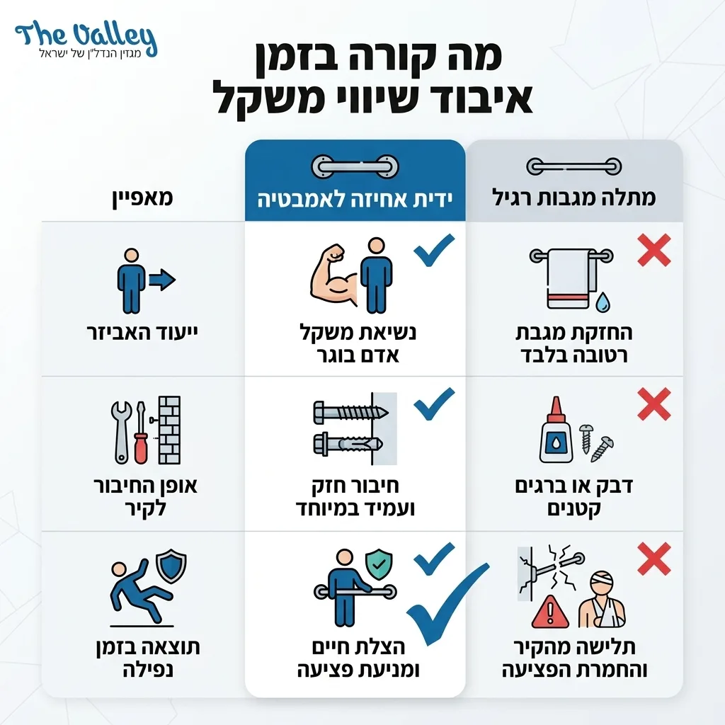 אינפוגרפיקה — מה קורה בזמן איבוד שיווי משקל: השוואה בין ידית אחיזה לאמבטיה, מתלה מגבות רגיל