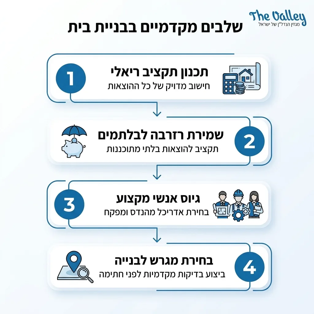 אינפוגרפיקה — שלבים מקדמיים בבניית בית: תכנון תקציב ריאלי, שמירת רזרבה לבלתמים, גיוס אנשי מקצוע, בחירת מגרש לבנייה