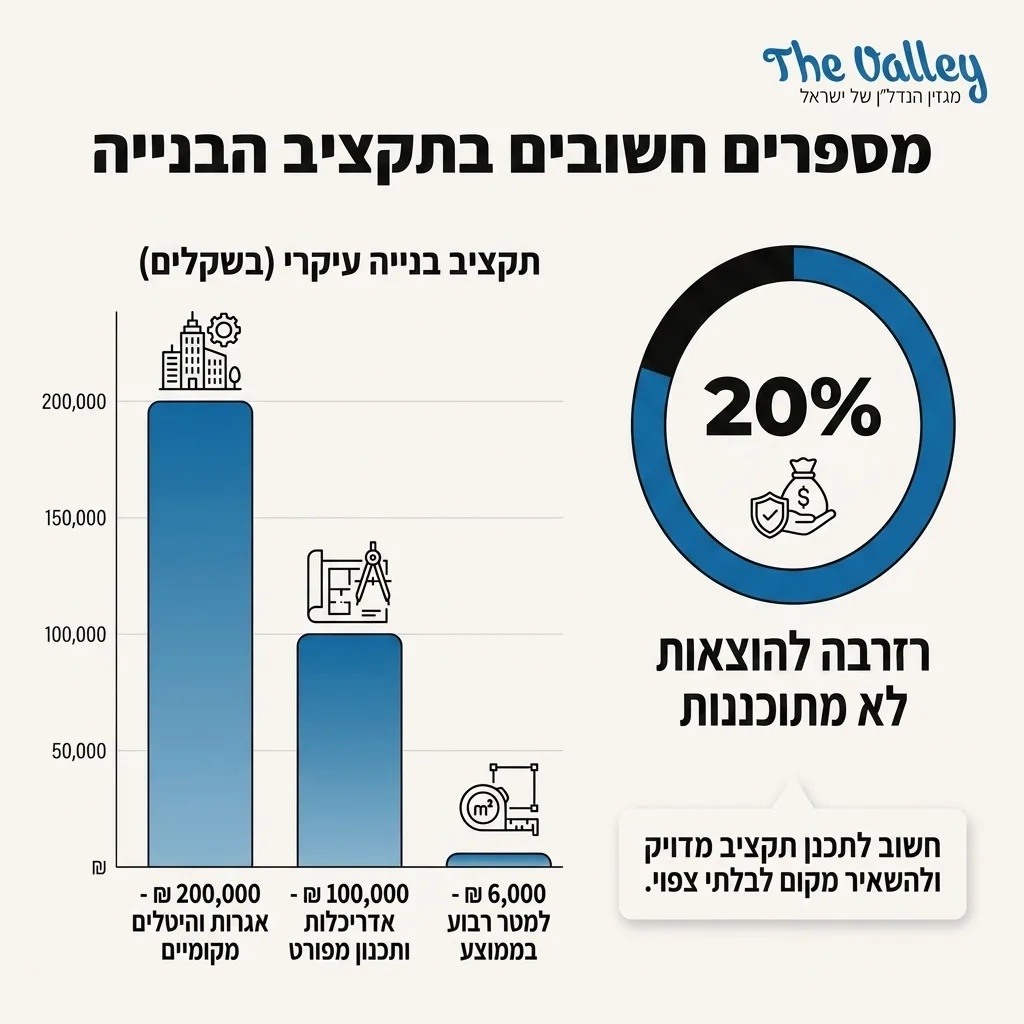 אינפוגרפיקה — מספרים חשובים בתקציב הבנייה: שקלים למטר רבוע בממוצע, רזרבה להוצאות לא מתוכננות, שקלים לאדריכלות ותכנון מפורט, ש