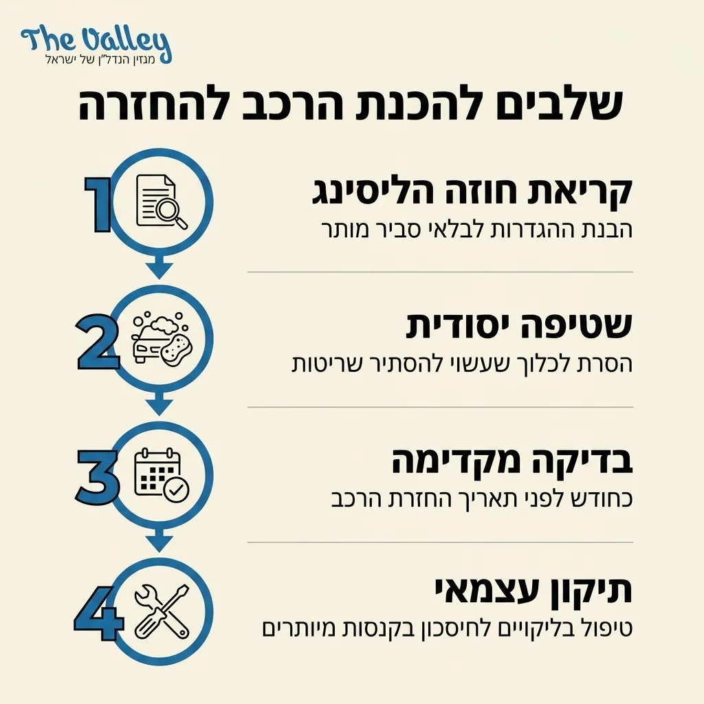אינפוגרפיקה — שלבים להכנת הרכב להחזרה: קריאת חוזה הליסינג, שטיפה יסודית, בדיקה מקדימה, תיקון עצמאי