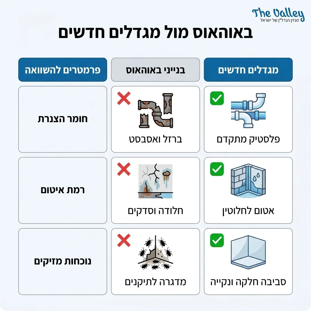 אינפוגרפיקה — באוהאוס מול מגדלים חדשים: השוואה בין בנייני באוהאוס, מגדלים חדשים