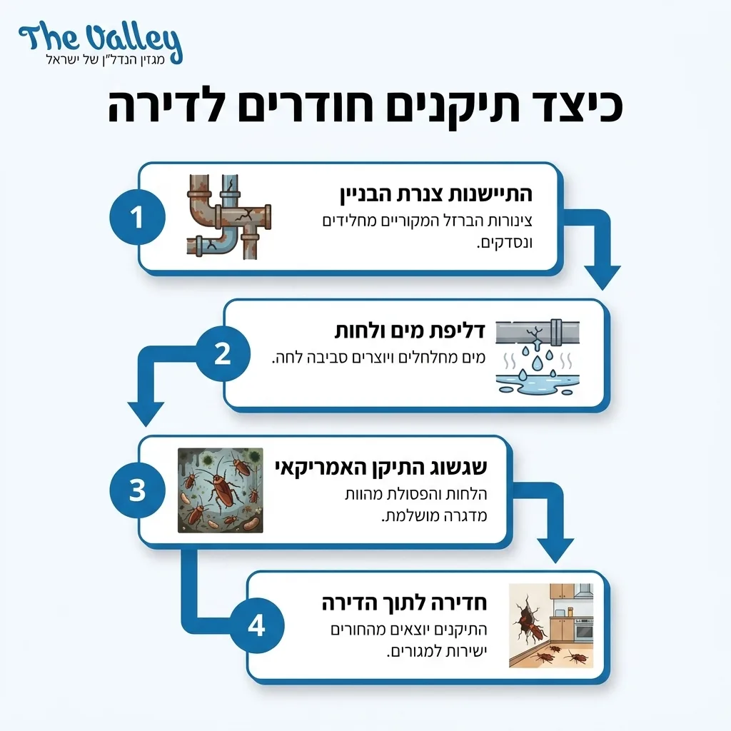 אינפוגרפיקה — כיצד תיקנים חודרים לדירה: התיישנות צנרת הבניין, דליפת מים ולחות, שגשוג התיקן האמריקאי, חדירה לתוך הדירה