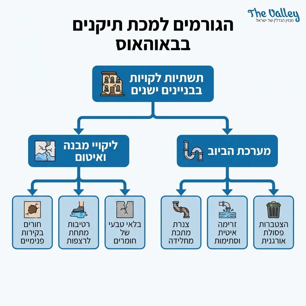 אינפוגרפיקה — הגורמים למכת תיקנים בבאוהאוס: תשתיות לקויות בבניינים ישנים