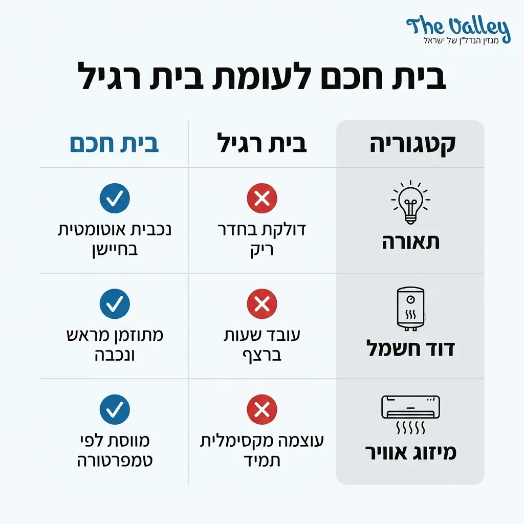 אינפוגרפיקה — בית חכם לעומת בית רגיל: השוואה בין בית רגיל, בית חכם