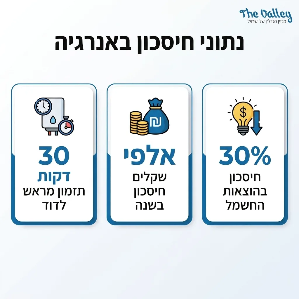 אינפוגרפיקה — נתוני חיסכון באנרגיה: חיסכון בהוצאות החשמל, שקלים חיסכון בשנה, דקות תזמון מראש לדוד