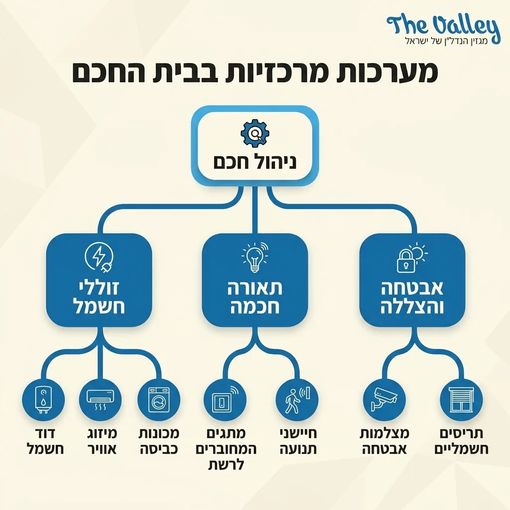 אינפוגרפיקה — מערכות מרכזיות בבית החכם: ניהול חכם