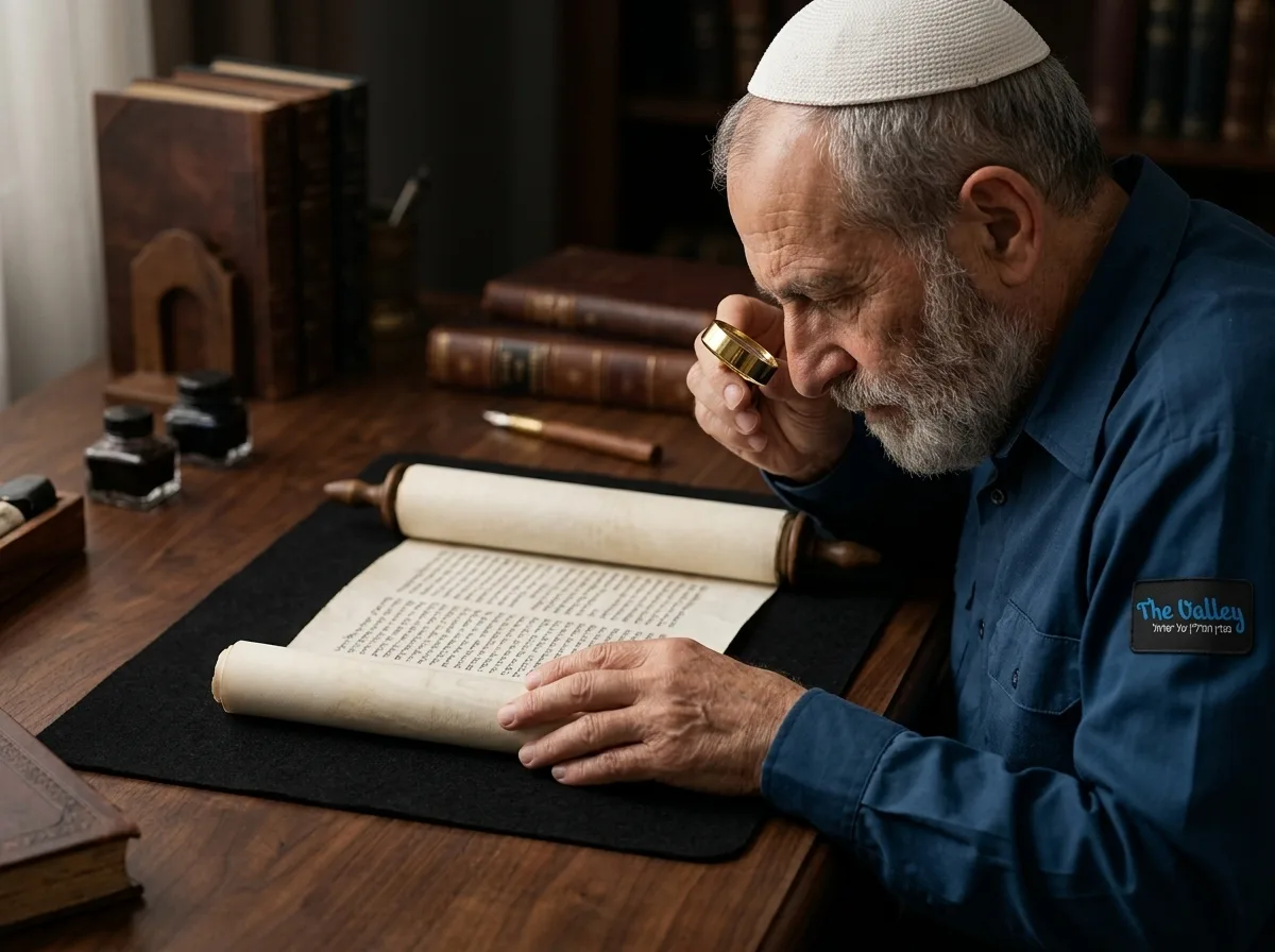 צילום תקריב פוטו-ריאליסטי של סופר סתם מבוגר עם זכוכית מגדלת קטנה לעין, בודק בקפידה קלף מזוזה פתוח על שולחן עץ, תאורה רכה וממוקדת