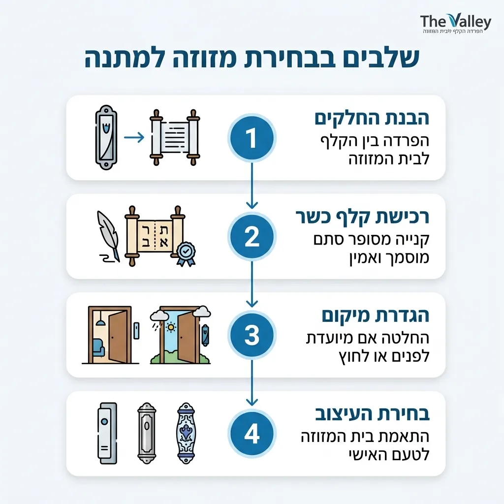 אינפוגרפיקה — שלבים בבחירת מזוזה למתנה: הבנת החלקים, רכישת קלף כשר, הגדרת מיקום, בחירת העיצוב
