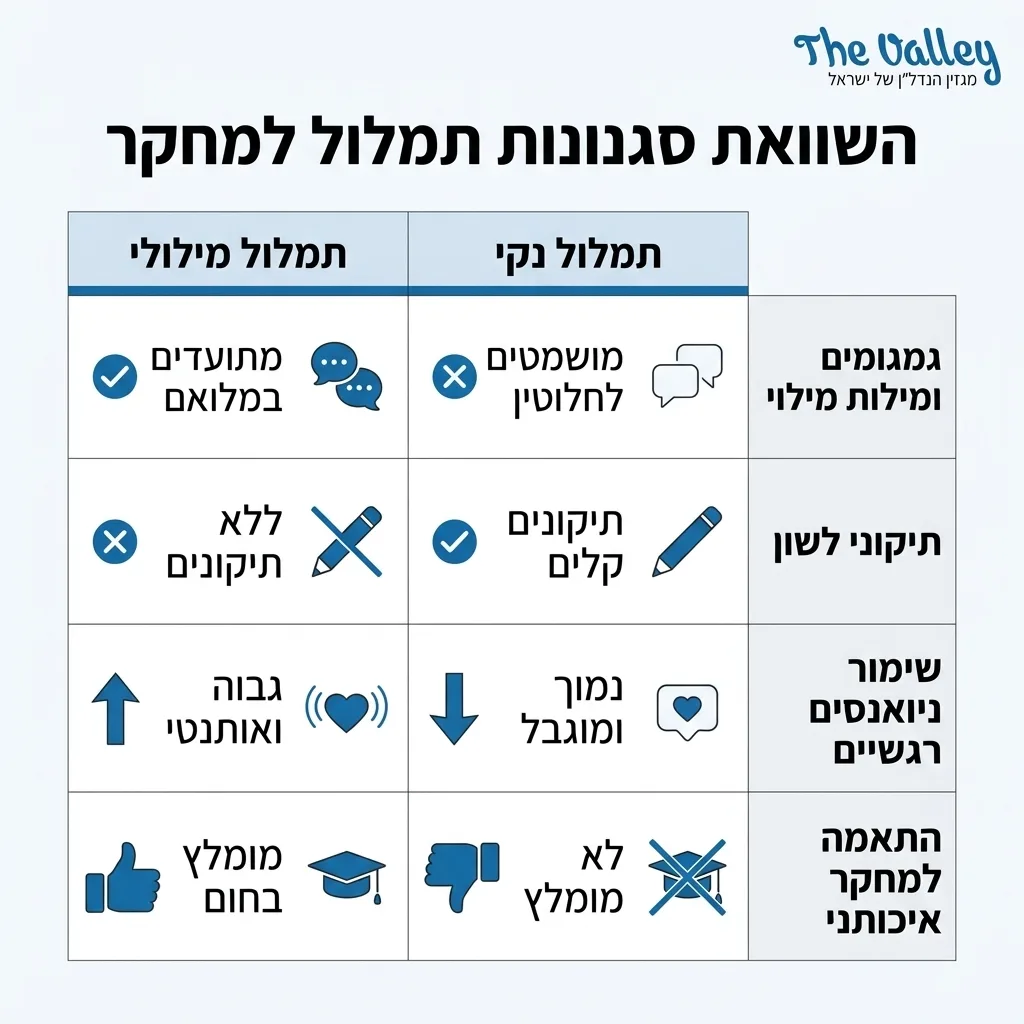 אינפוגרפיקה — השוואת סגנונות תמלול למחקר: השוואה בין תמלול מילולי, תמלול נקי
