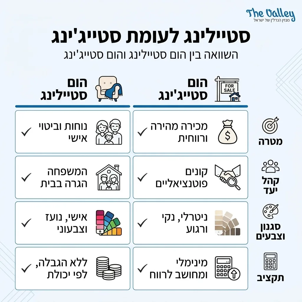 אינפוגרפיקה — סטיילינג לעומת סטייג'ינג: השוואה בין הום סטיילינג, הום סטייג'ינג