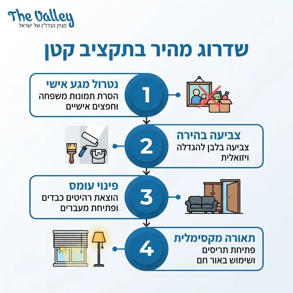 אינפוגרפיקה — שדרוג מהיר בתקציב קטן: נטרול מגע אישי, צביעה בהירה, פינוי עומס, תאורה מקסימלית