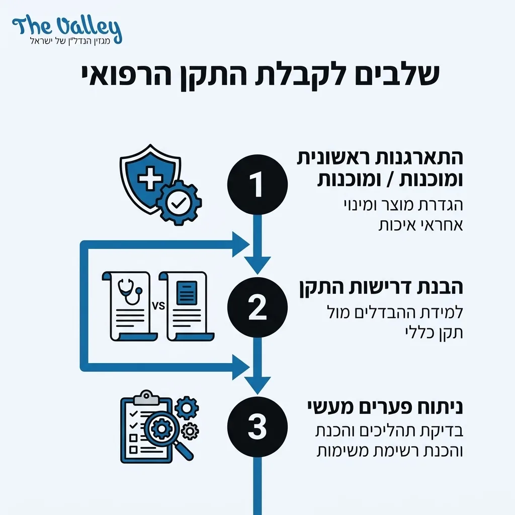 אינפוגרפיקה — שלבים לקבלת התקן הרפואי: התארגנות ראשונית ומוכנות, הבנת דרישות התקן, ניתוח פערים מעשי
