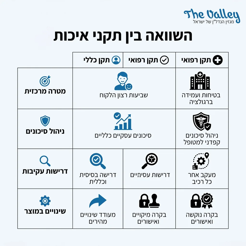 אינפוגרפיקה — השוואה בין תקני איכות: השוואה בין תקן כללי, תקן רפואי