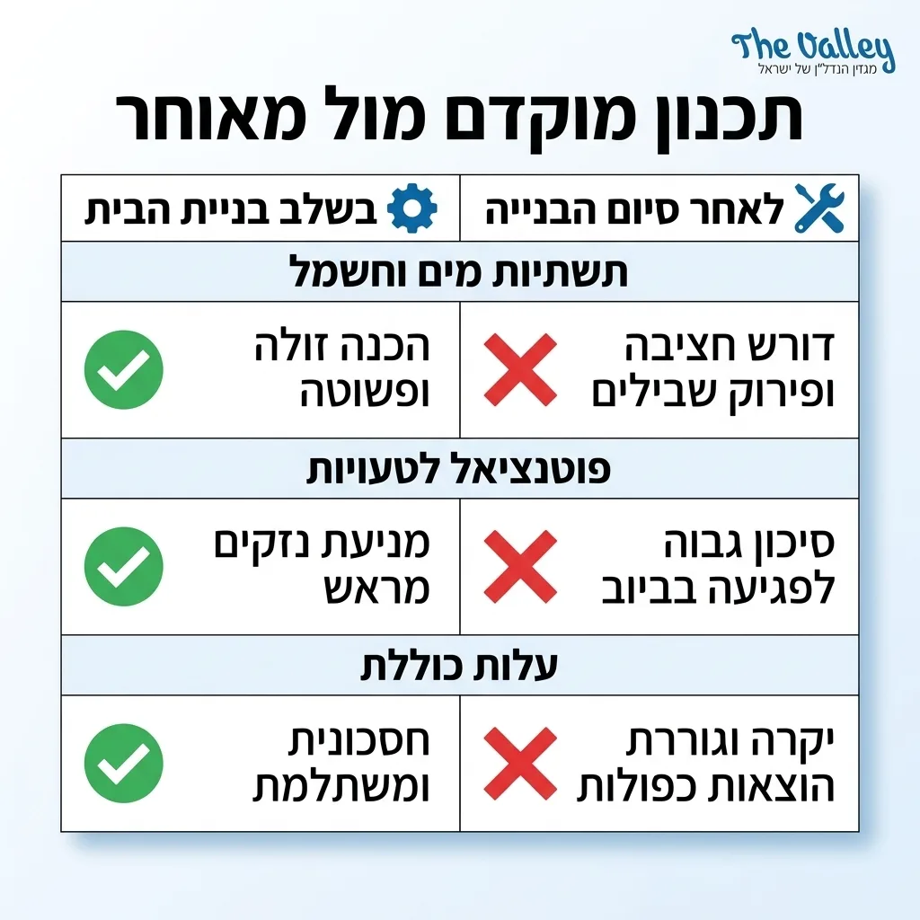 אינפוגרפיקה — תכנון מוקדם מול מאוחר: השוואה בין בשלב בניית הבית, לאחר סיום הבנייה