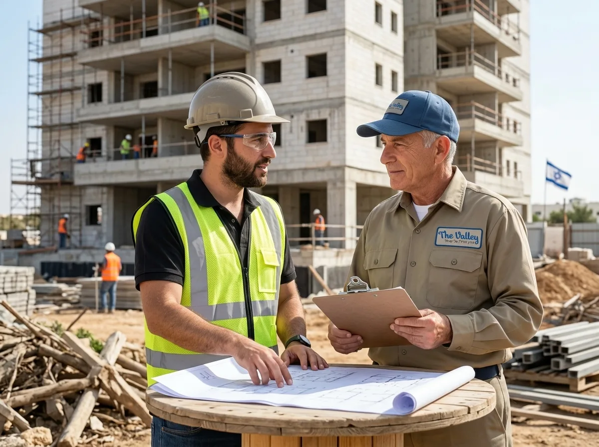 צילום ריאליסטי של פקח עירייה עומד מול מבנה בבנייה, מחזיק קלסר ומשוחח עם קבלן בשטח, תאורה יום בהירה
