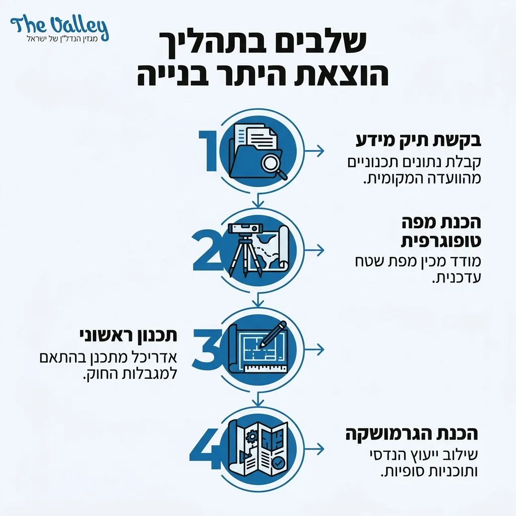 אינפוגרפיקה — שלבים בתהליך הוצאת היתר בנייה: בקשת תיק מידע, הכנת מפה טופוגרפית, תכנון ראשוני, הכנת הגרמושקה