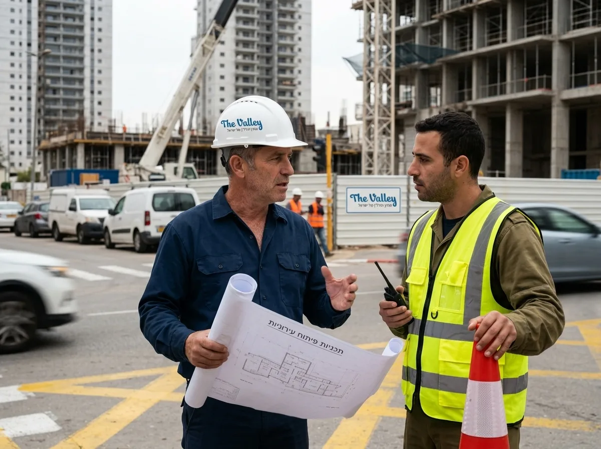 צילום ריאליסטי של מנהל עבודה חובש קסדה לבנה, מחזיק תוכניות בנייה ביד ומדבר עם פקח תנועה באפוד צהוב זוהר, ברקע כביש עירוני ואתר פעיל