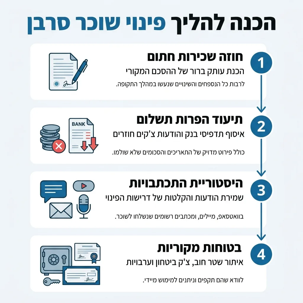 אינפוגרפיקה — הכנה להליך פינוי שוכר סרבן: חוזה שכירות חתום, תיעוד הפרות תשלום, היסטוריית התכתבויות, בטוחות מקוריות