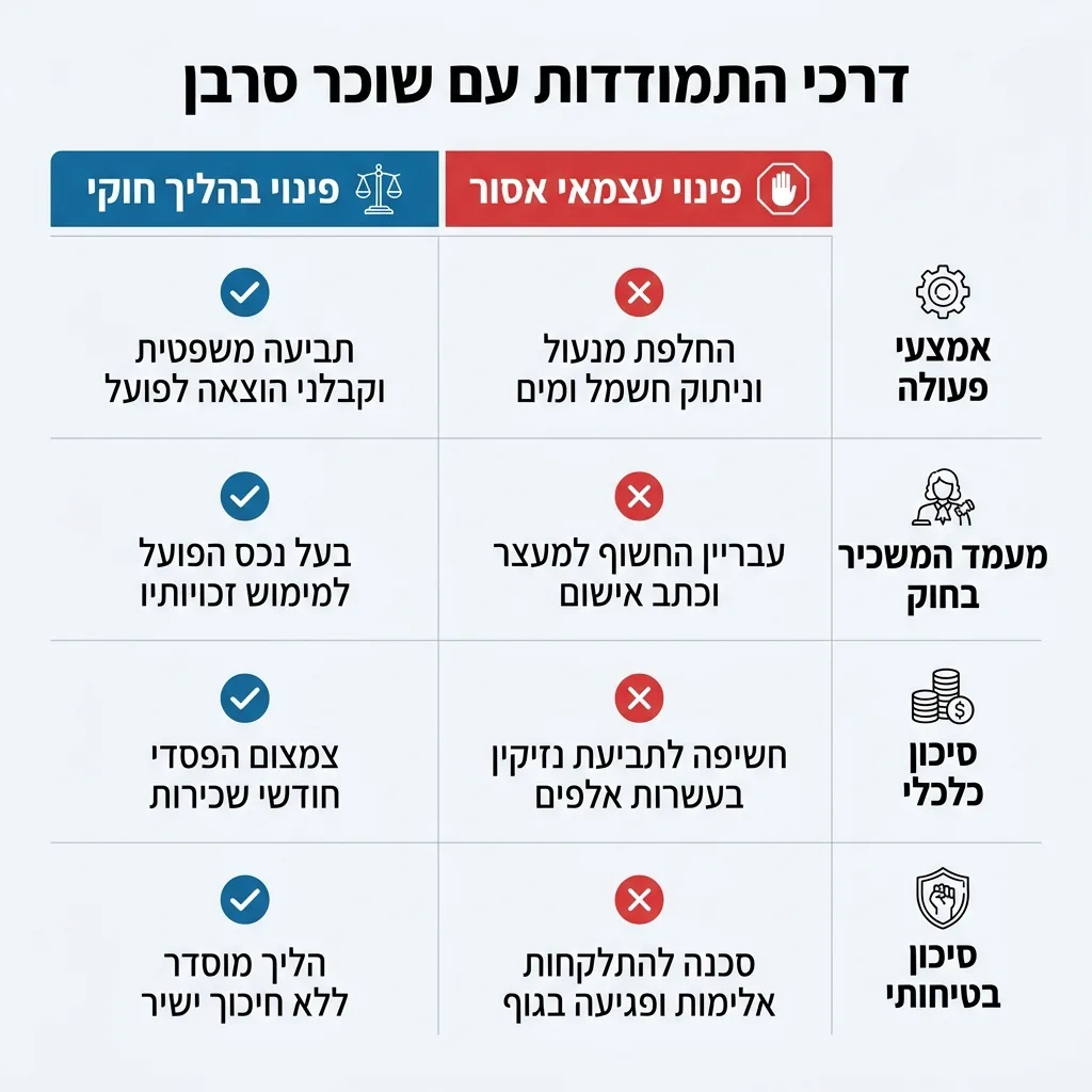 אינפוגרפיקה — דרכי התמודדות עם שוכר סרבן: השוואה בין פינוי בהליך חוקי, פינוי עצמאי אסור