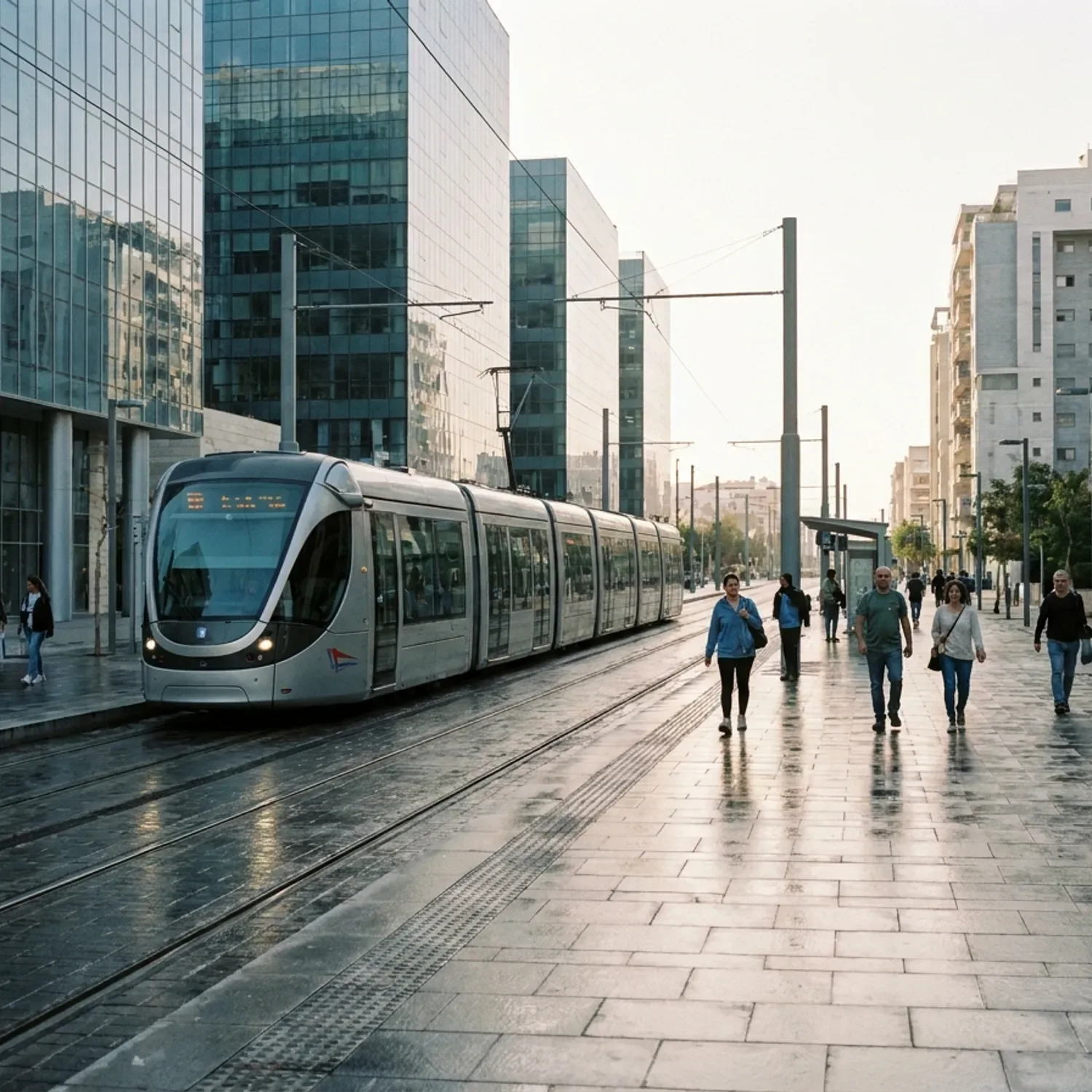 צילום מציאותי של רחוב מודרני בפתח תקווה בשעות הבוקר בתאורה טבעית, רכבת קלה עוברת על המסילה לצד בנייני משרדים ומגורים, עוברי אורח ישראלים בלבוש יומיומי הולכים על המדרכה הרחבה, ללא טקסט או לוגו